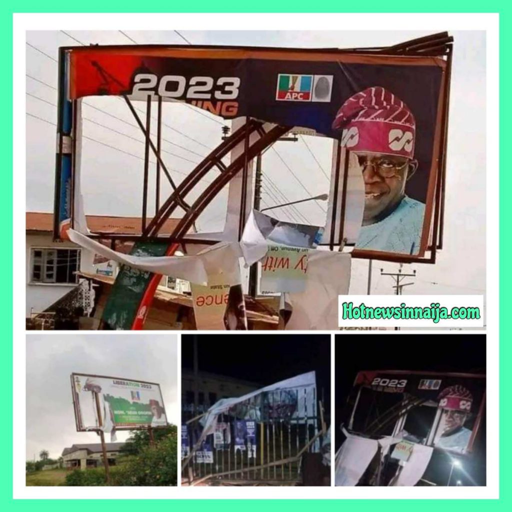 Destroyed billboards of APC Presidential candidate, Asiwaju Bola Ahmed Tinubu